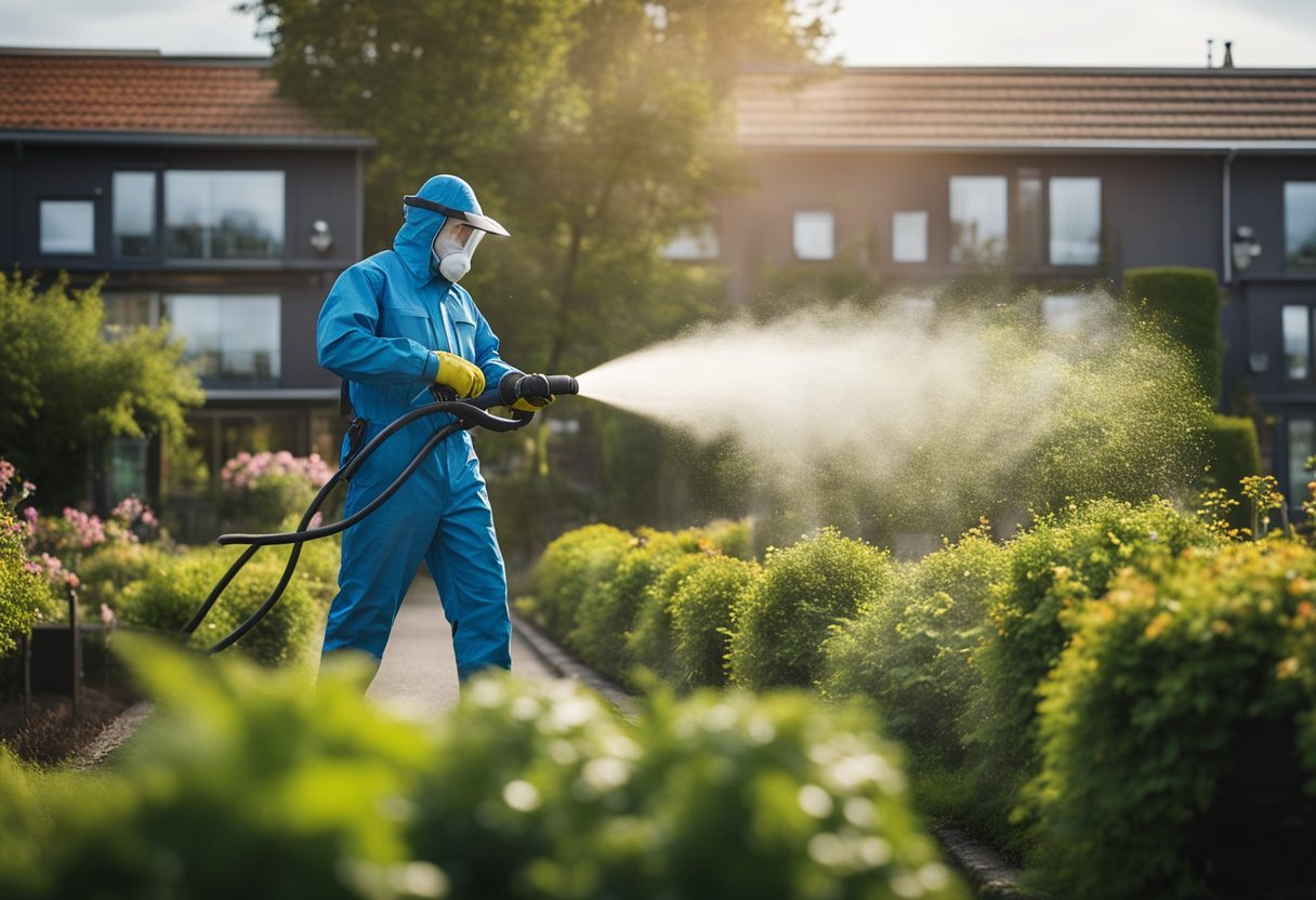 A pest control technician sprays an outdoor area in Bergen, Norway, with a mist of insecticide to eliminate pests