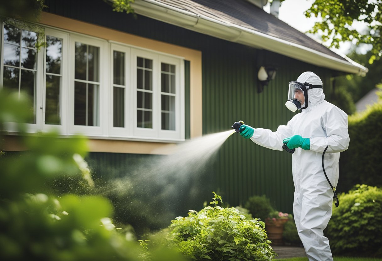 A pest control technician sprays pesticide around a Bergen home, targeting insects and rodents