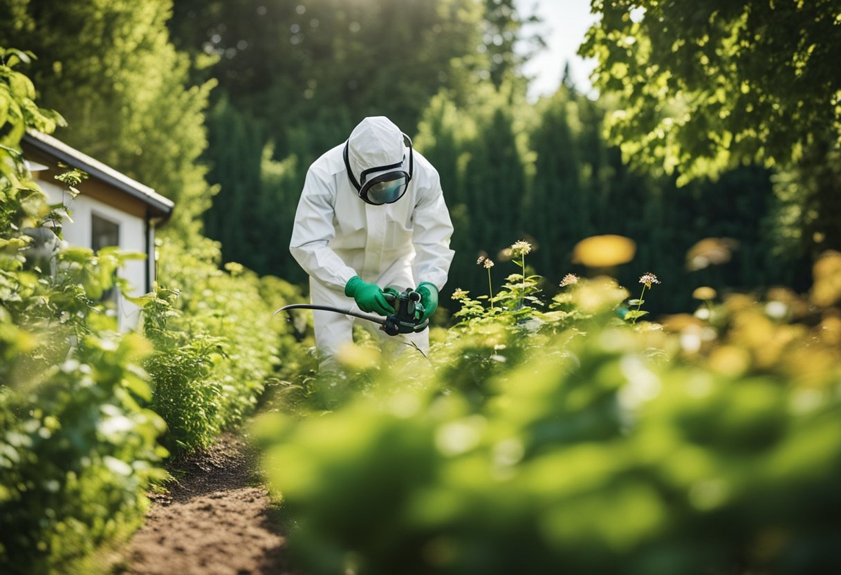 A pest control technician in Skien spraying pesticide on a garden infested with insects