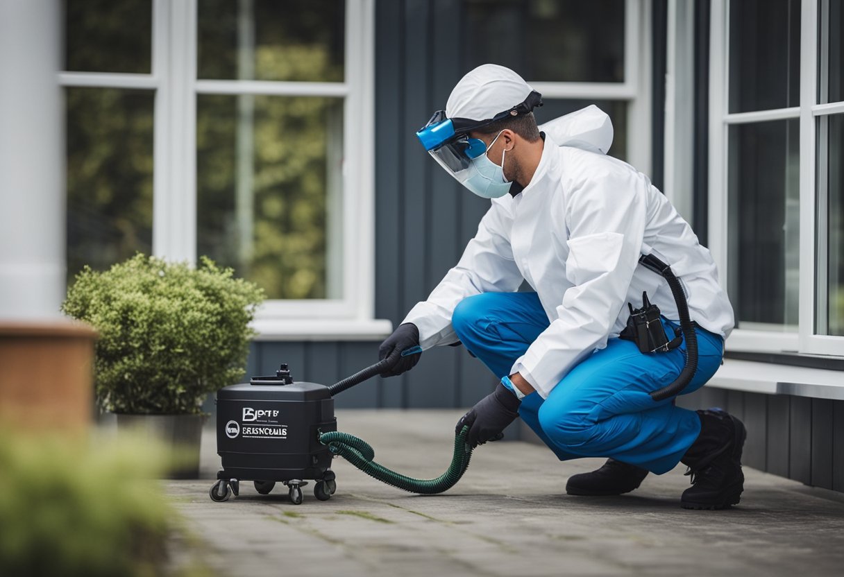 A professional pest control technician in Bergen, Norway, inspecting and treating a residential or commercial property for pests using specialized equipment and environmentally safe methods